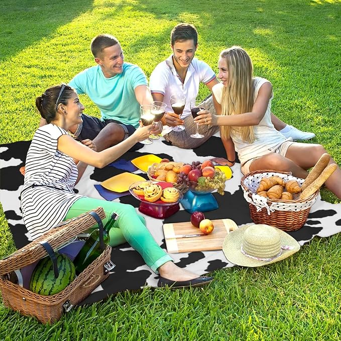 Cow Print Lightweight Beach Blanket Waterproof Sandproof 59X68 Sand Free Beach Mat with 4 Stakes Compact Outdoor Blanket for Beach Quick Drying Picnic Mat for Travel Camping