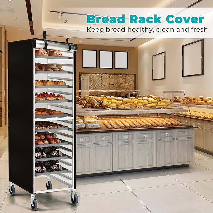 Pan Rack Cover 61 x 28 x 23 Inch Bread Rack Cover 20 Tier Sheet Waterproof Bakery Holder Cover Dustproof with Zipper Breathable Mesh Vent