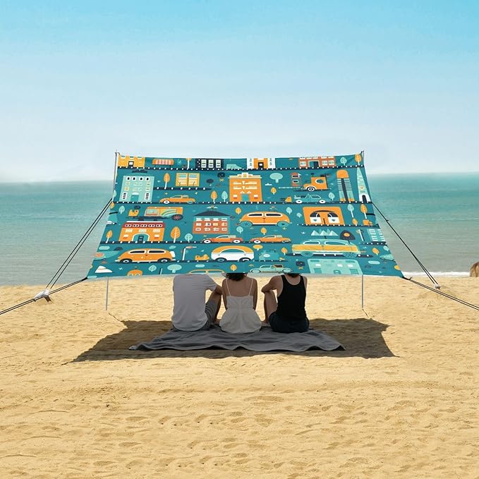 Camping Sun Shelters Cartoon Vehicles and Buildings Beach Canopy 126 * 110.2in