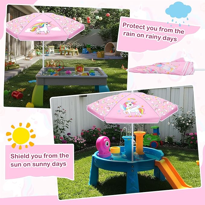 Sweetude Water Table Umbrella (Table Not Included) Kids Seaside Beach Umbrella Picnic Canopy for Summer Toddlers Sand Beach Camping Garden Outdoor Pool Shade Party Supply(Unicorn Theme)