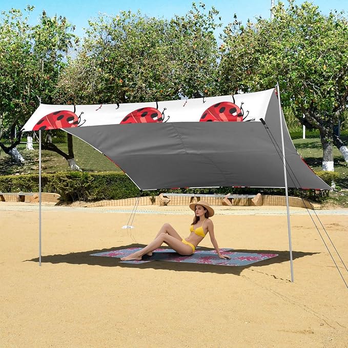 Lady Bug Pattern Beach Tent Sun Shelter 9.2' x 10.5' Beach Canopy with 4 Sandbags 4 Stability Poles Sand Shovels - Tent Canopy for Beach Camping Fishing Picnics