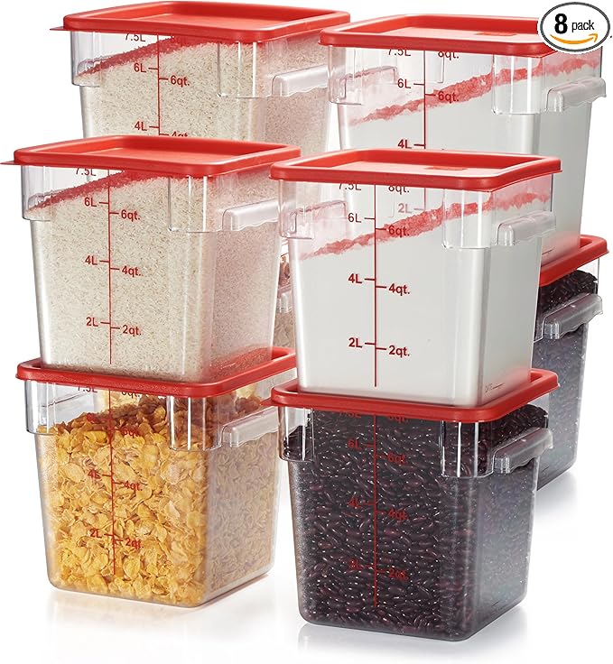 CURTA 8-Pack 8 Qt NSF Clear Polycarbonate Food Storage Containers with Red Lids - Square Commercial-Grade Freezer &amp Dishwasher Safe Stackable