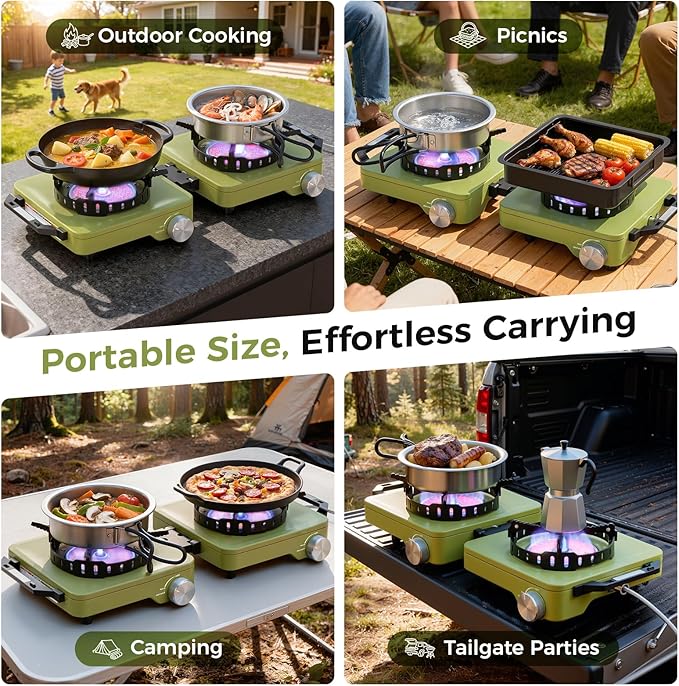 MoKo Propane Camping Stove 2 Burner 36000 BTU Infrared &amp Open Flame Hybrid Windproof Folding Portable Outdoor Gas Cooking Kit with Frying Pan &amp Carry Bag For RV Tailgating Survival Green