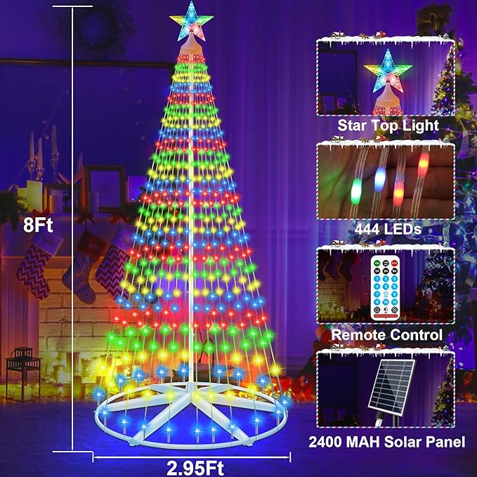 8Ft Solar Powered Christmas Cone Tree Lights with 444LEDs &amp Star Topper Remote Control 11 Modes Dimmable IP65 Waterproof Timer for Indoor Outside Yard Holiday Decoration Warm White &amp Mul