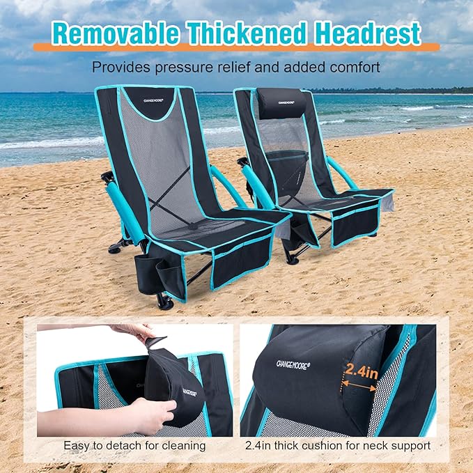 CHANGE MOORE Low Beach Chair with 2-in-1 Cooler Bag 1 Pack Support up to 300lbs Folding Beach Chairs for Adults with Cup Holder Removable Pillow &amp Carry Bag for Outdoor Sand Lawn Picnic Travel B