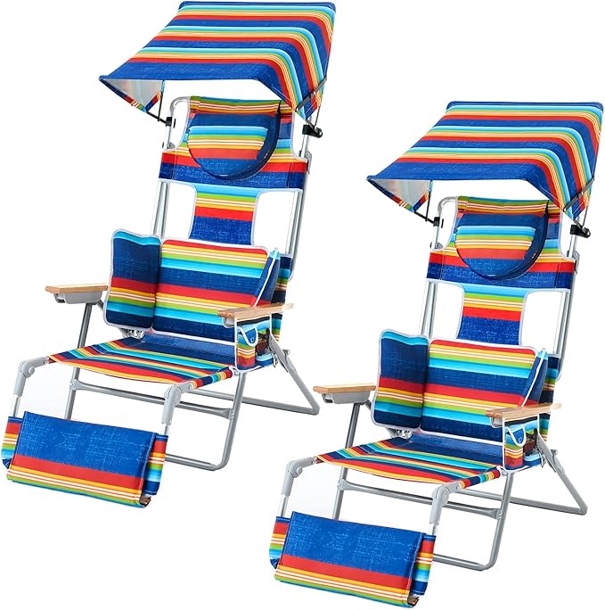 70'' Extra Long Beach Lounge Chair Tanning Chair with Canopy &amp Face Holes &amp Arm Holes &amp Storage Pocket Adjustable Foldable Recliner with Carry Strap (2 Rainbow)