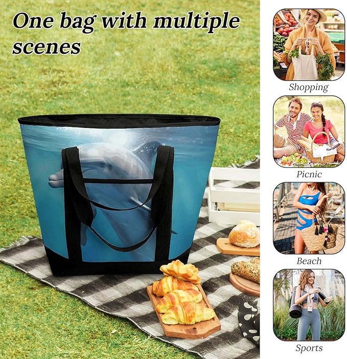 Insulated Shopping BagLarge Reusable Cooler Bags Winter The Dolphin Printed Foldable Shopping BagTravel Waterproof Shoulder Bag