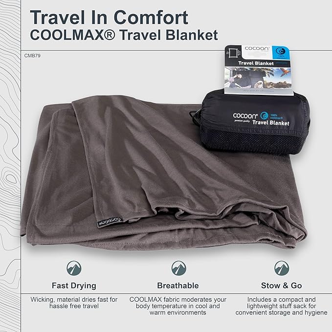 cocoon - Coolmax Travel Blanket | Compact Throw Blanket for Camping and Hiking | Fits in Backpack | Attaches to Luggage | Travel Essential | Fast Drying (Regular 70 x 55)