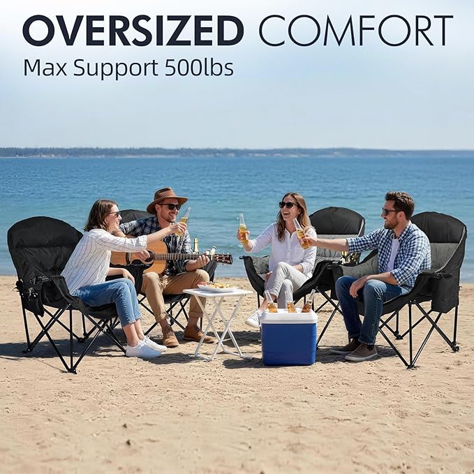 Oversized Camping Chair for Adults - Heavy Duty Outdoor Padded Large Lawn Camp Chair with Cup Holder Cooler Pockets for Sports Beach Fishing Garden Portable Supports 500lbs Black/AllBlack 2 Pack