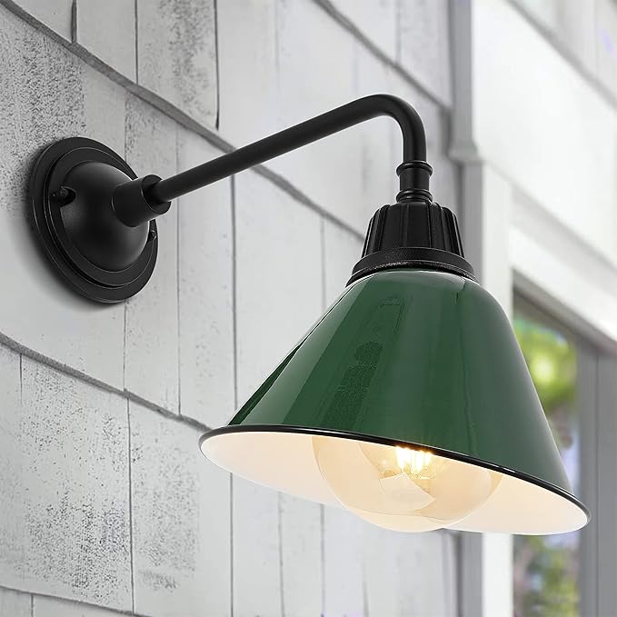 JONATHAN Y 9.63 Green/Black 1-Light Farmhouse Outdoor Sconce Industrial LED Wall Light Gooseneck Arm Barn Lamp with Metal Bell Shade for Porch Patio Kitchen LED Bulb Included (JYL7612F)