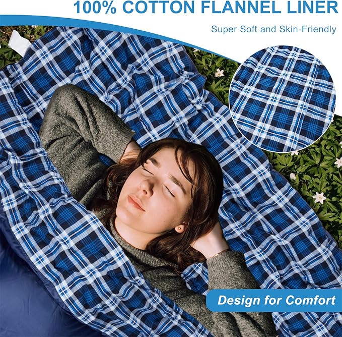 AGEMORE Cotton Flannel Double Sleeping Bag for Camping Backpacking Or Hiking. Queen Size 2 Person Waterproof Sleeping Bag for Adults Or Teens. Lightweight with Compression Sack