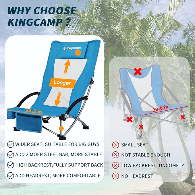 KingCamp Folding Beach Chair 2 Pack High Back Lightweight Portable Backpack Chair with Headrest Cup Holder for Camping Outdoor Sand Concert Lawn Festival Sports Blue