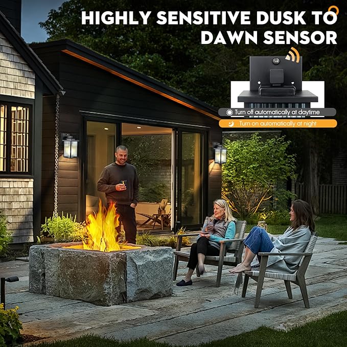 2 Pack Dusk to Dawn Outdoor Lighting Modern Wall Sconce with Textured Glass Waterproof IP65 Exterior Light Fixture Soft Glow Warm Ambiance for Front Door Porch Garage 10.6 Inch Height Black