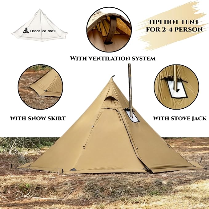 Hot Tent with Stove Jack &amp Snow Skirt 4-Season 3-4 Person 4.8lb Waterproof &amp Windproof Ideal for Camping Backpacking Hiking Hunting and Fishing Polyester Brown