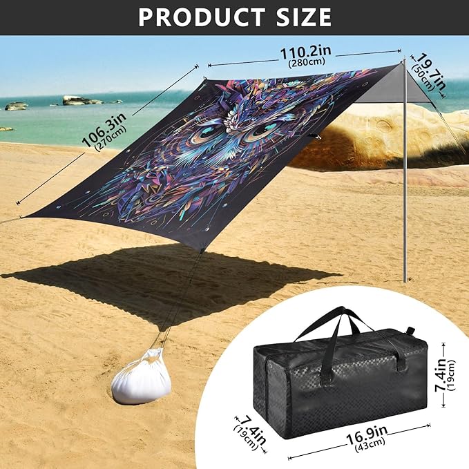 ALAZA Owl Portrait Cyberpunk Beach Tent Sun Shelter UPF50+ Protection Beach Shade Canopy w/ 4 Sandbags for Outdoor Camping Fishing Backyard Fun Picnic 10x9 ft