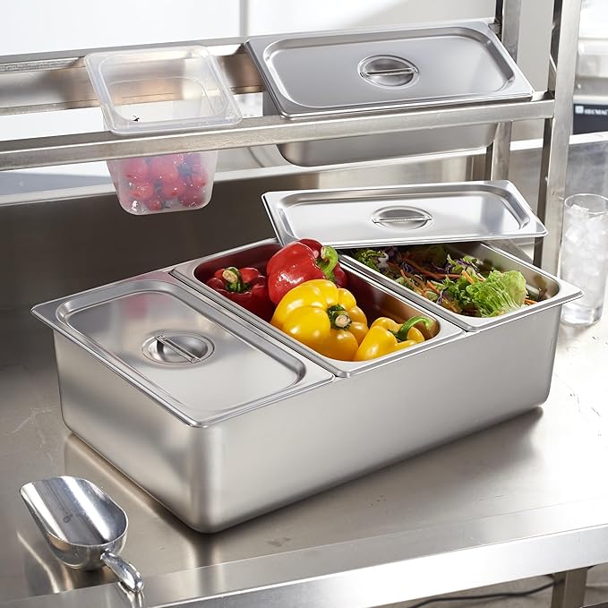 CURTA Ice Chilled Condiment Serving Container (3 Pan) NSF Certified 2 Types of Lids Drain Tray Commercial Spice Rack Set For Kitchen Buffet Catering Food Pan
