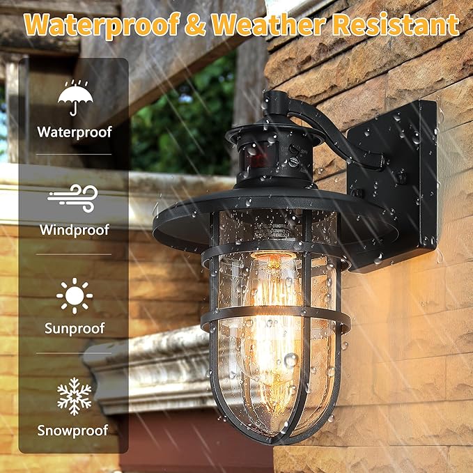 2 Pack Outdoor Wall Sconce with Motion SensorOutside Dusk to Dawn Exterior Wall MountIndustrial Anti-Rust Lantern Wall Lamp for PorchDoorwayGarageYardPatio
