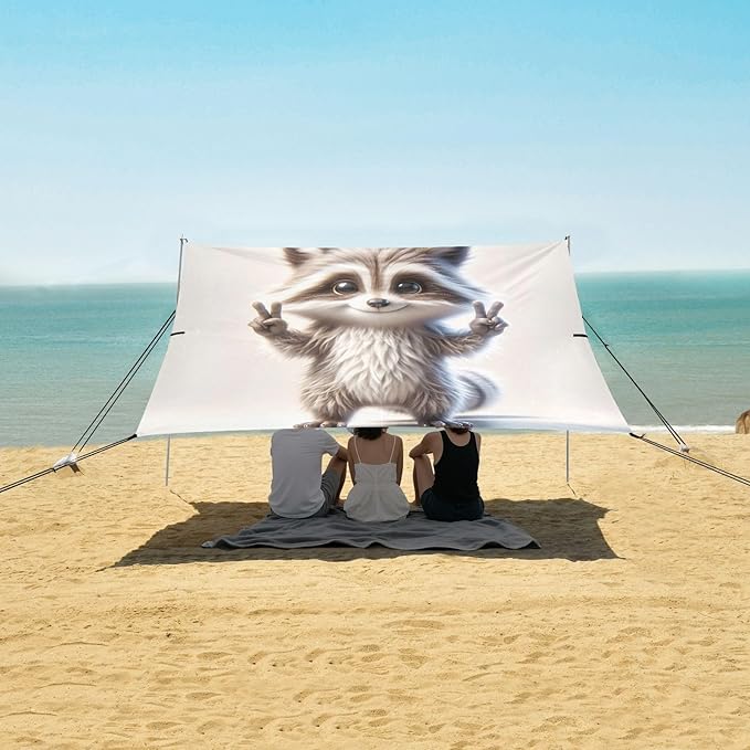 ALAZA Cute Raccoon Peace Gestures Beach Tent Sun Shelter UPF50+ Protection Beach Shade Canopy w/ 4 Sandbags for Outdoor Camping Fishing Backyard Fun Picnic 10x9 ft