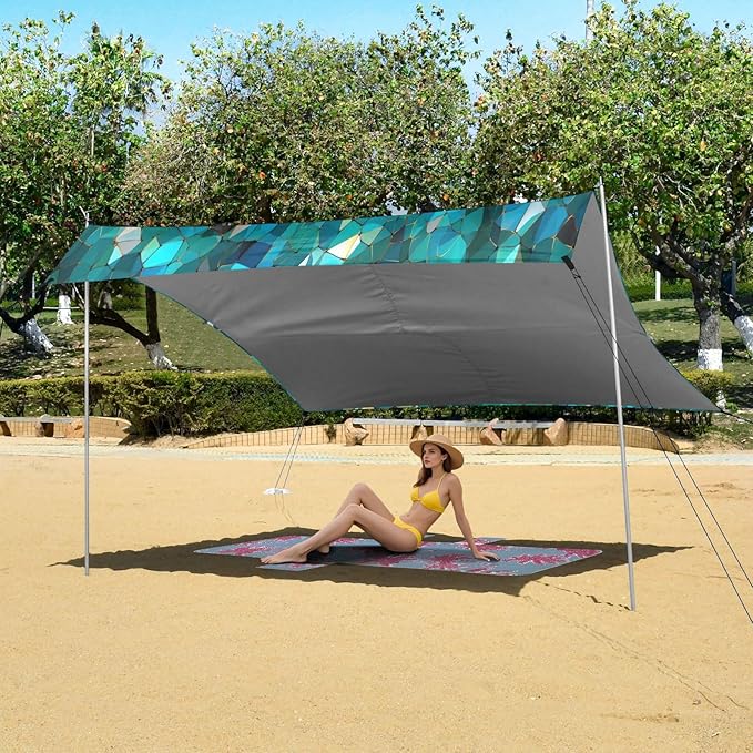 Rainbow Mosaic Textured Beach Tent Sun Shelter 9.2' x 10.5' Beach Canopy with 4 Sandbags 4 Stability Poles Sand Shovels - Tent Canopy for Beach Camping Fishing Picnics