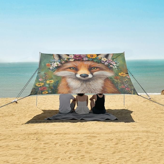 ALAZA Fox with Flower Wreath Beach Tent Sun Shelter UPF50+ Protection Beach Shade Canopy w/ 4 Sandbags for Outdoor Camping Fishing Backyard Fun Picnic 10x9 ft