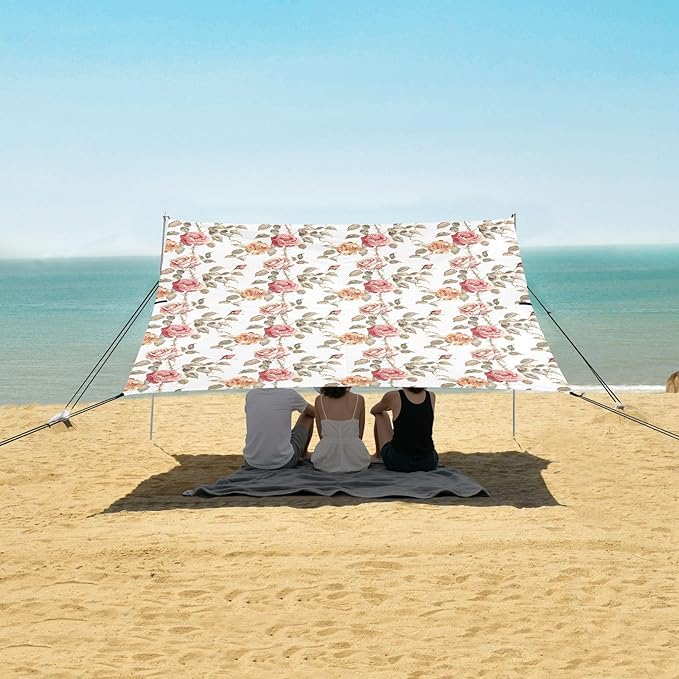 ALAZA Rose Flowers Watercolour Beach Tent Sun Shelter UPF50+ Protection Beach Shade Canopy w/ 4 Sandbags for Outdoor Camping Fishing Backyard Fun Picnic 10x9 ft