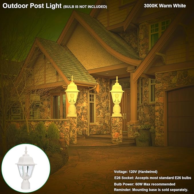 LIT-PaTH Outdoor Post Lighting Fixture Pole Lantern E26 Medium Base Max 60W Aluminum Housing Plus Clear Glass Bulb Not Included Matte White Finish 1-Pack