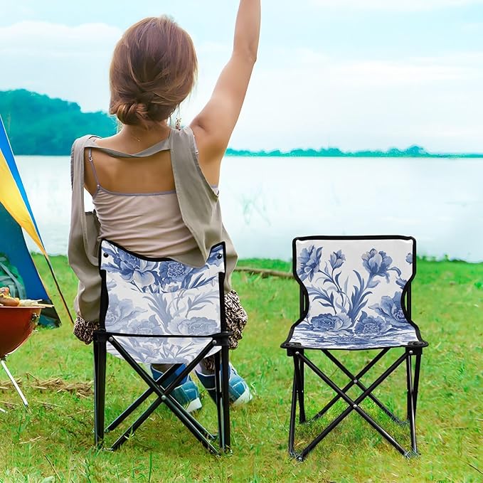 Flower Blue Portable Camping Chairs Folding Chair - Durable Oxford Fabric Lightweight Iron Frame Easy Fold Design - Ideal for Outdoor Activities Camping Fishing and Travel