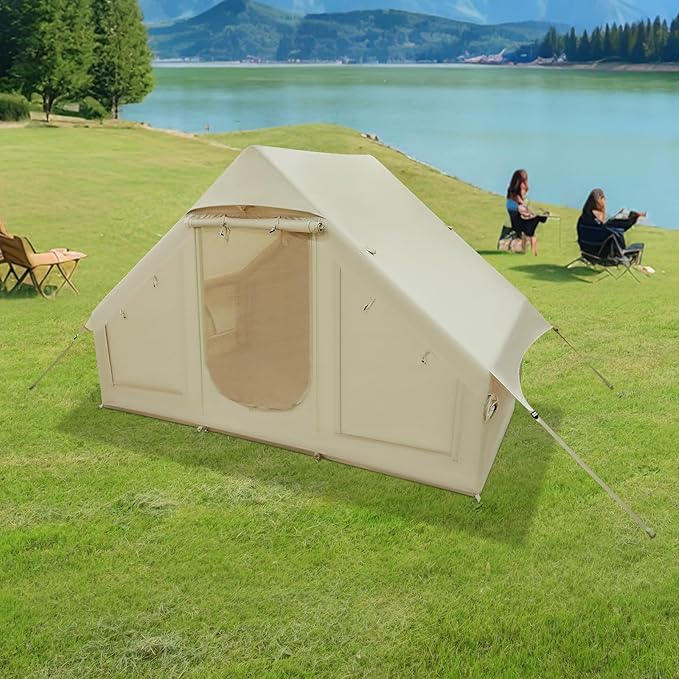 DYRABREST 4 Person Inflatable Camping Tent Instant Setup Portable Outdoor Tents with Pump Waterproof Windproof for Family Camping Beach Backyard (Khaki)