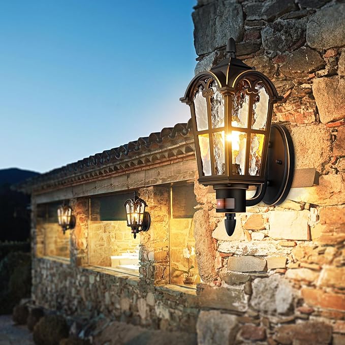 2-Pack Motion Sensor Outdoor Wall Lights Dusk to Dawn Porch Lights Wall Mount Exterior Light Fixtures Sconces Lighting Black with Gold Trim Wall Lanterns Outside Lights for House Garage Front Door