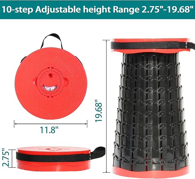 ALEVMOOM Upgraded XXL 50 Portable Collapsible Stool with CushionTelescoping Folding Stool for AdultsYet More Sturdy Camping Stool with Load Capacity 1000lbsfor Outdoor Garden Hiking BBQ Red
