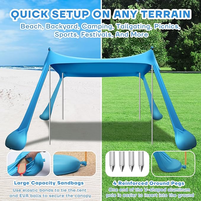 Beach Tent Canopy UPF50+ Protection 10x10FT Beach Shade Sun Shelter Pop Up with 4 Stability Poles Sandbags Sand Shovels Ground Pegs Carrying Bag for Outdoor Family Camping Fishing Picnics