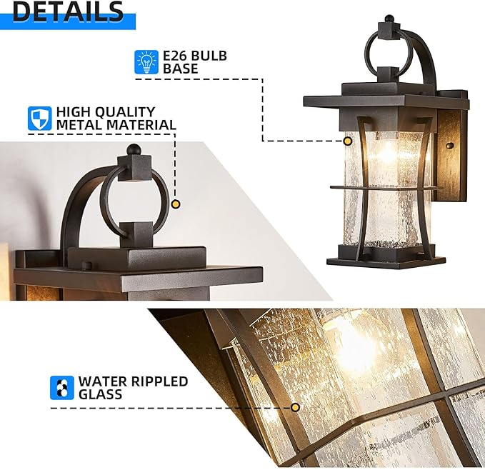 Outdoor Wall Sconces Light Fixtures Exterior Wall Lantern Outside House Lamps Waterproof Black Metal with Clear Seeded Glass Perfect for Exterior Porch Patio House