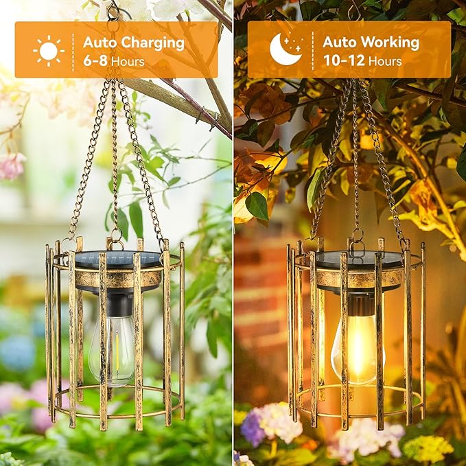 KOOPER Solar Lanterns Outdoor Waterproof 4 Pack Bronze Upgraded Bright Hanging Solar Lights Outdoor Lanterns Decorative Auto ON/Off Metal Hanging Lanterns for Pathway Yard Patio Garden Decor Gift