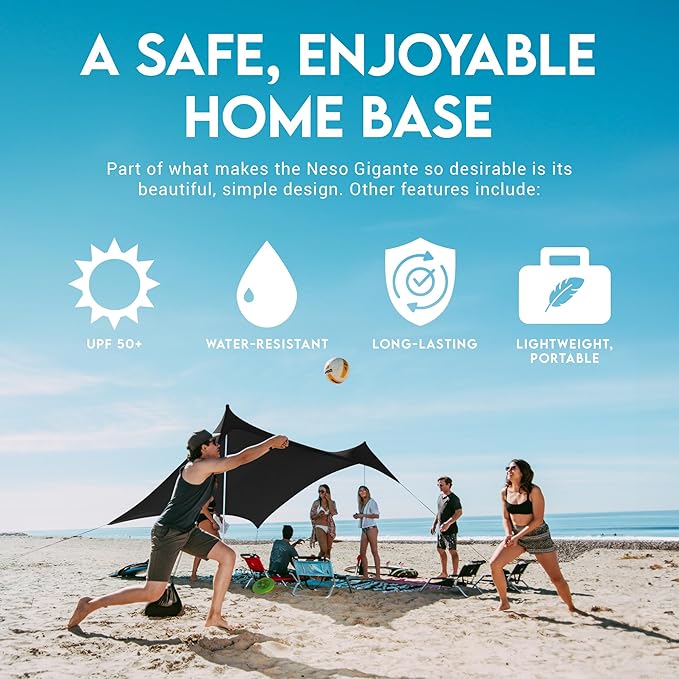 Neso Gigante Portable Beach Tent Sun Shelter - Lightweight Beach Shade Canopy - Easy Setup for Family Outings - Patented Reinforced Corners - UPF 50+ Sun Protection - 8ft Tall 11 x 11ft - Black