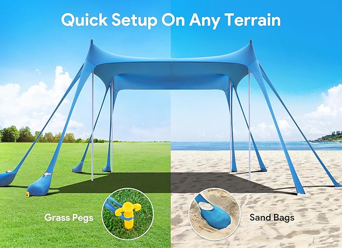 Osoeri Beach Tent Camping Sun Shelter UPF50+ with 8 Sandbags Sand Shovels Ground Pegs &amp Stability Poles Outdoor Shade Beach Canopy for Camping Trips Fishing Backyard Fun or Picnics