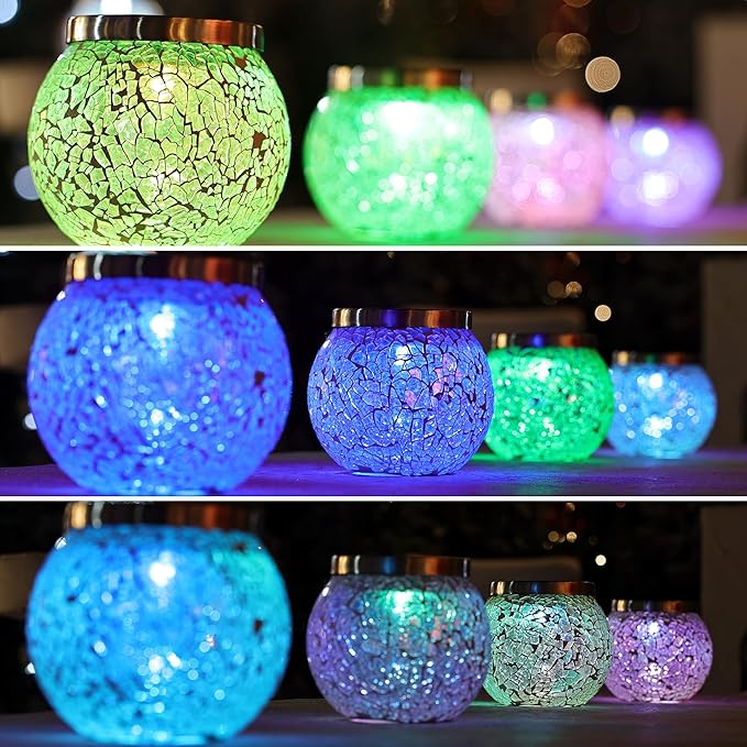 Cooo Gift for her him 4 Pack Heavy Solar Mosaic Crackle Glass Lights with Dual Solar Panels Color-Changing RGB Lantern Exclusive Dazzling Glass Waterproof Outdoor Table Lamps Garden Lamp