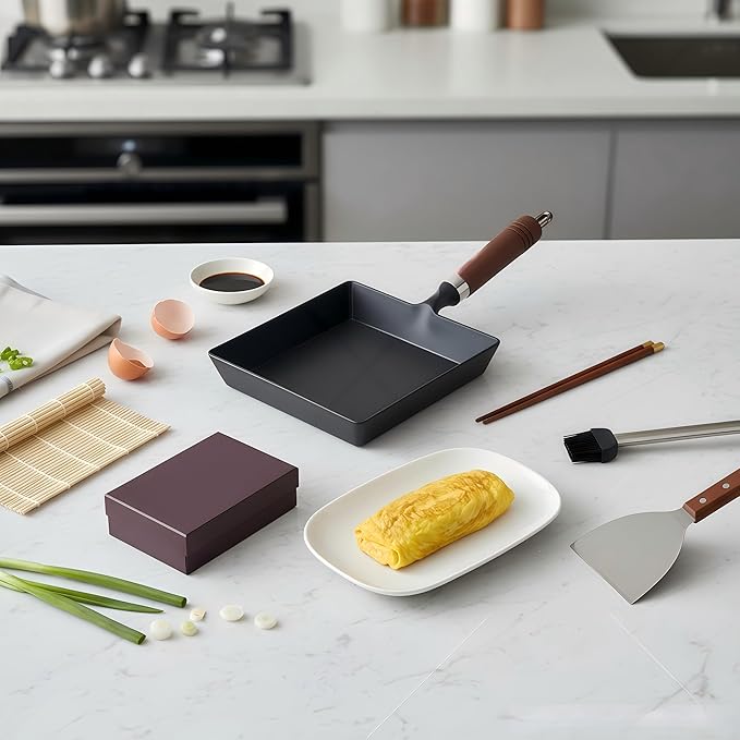 Japanese Cast Iron Tamagoyaki Pan - Pre-Seasoned Liquid Nitrogen Treated Non-Rust Ready to Use Detachable Wood Handle Oven Safe for Omelets Steak &amp Camping Chemical-Free Non-Stick9x7 Inch