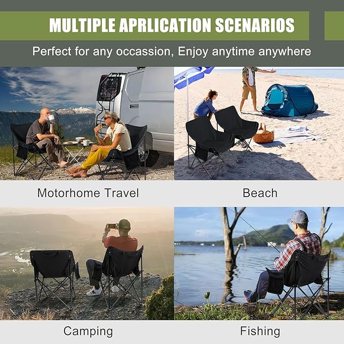 Joyfair Outdoor Camping Chair for Adult Large Portable Folding Moon Chairs with Carry Bag for Patio Beach Fishing Lawn and More Outdoor Sports 600D Oxford Fabric &amp Heavy Duty Steel (2 Black)