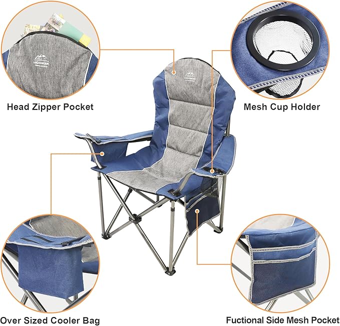 Camping Chairs for AdultsHigh Back Folding Camp Chair with Cup Holder and Cooler BagHeavy Duty Outdoor Lawn ChairsPerfect for CampingHikingPicnicsand Beach TripsBlue
