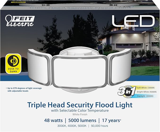 Feit Electric Dusk to Dawn Hardwired LED White Security Floodlight 5000 Lumens 3CCT Adjustable Color Temperature Flood Light 3 Head 3000K 4000K 5000K LED Outdoor Lights S10.5TFL/3CCT/DD/WH