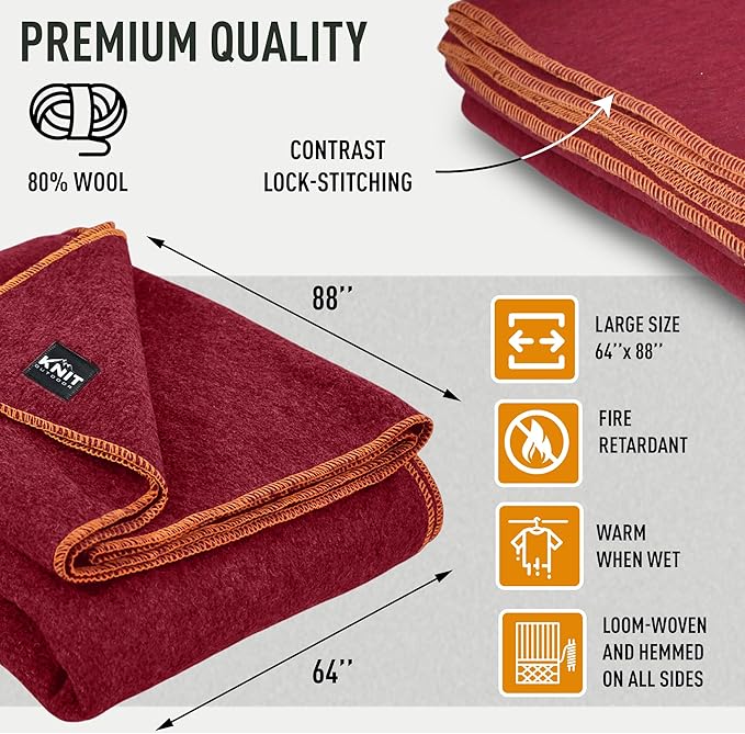 Large Military Wool Blanket - Warm &amp Thick Emergency Survival Blanket Great for Camping Outdoors Sports Events Picnics 4.5 lbs 64 x 88 (Maroon)