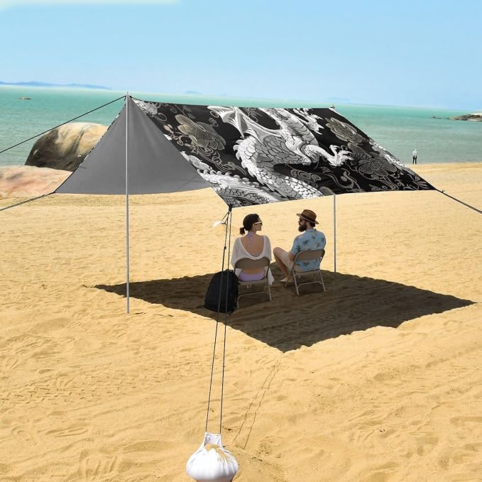White Dragon Print Beach Tent Sun Shelter 9.2' x 10.5' Beach Canopy with 4 Sandbags 4 Stability Poles Sand Shovels - Tent Canopy for Beach Camping Fishing Picnics