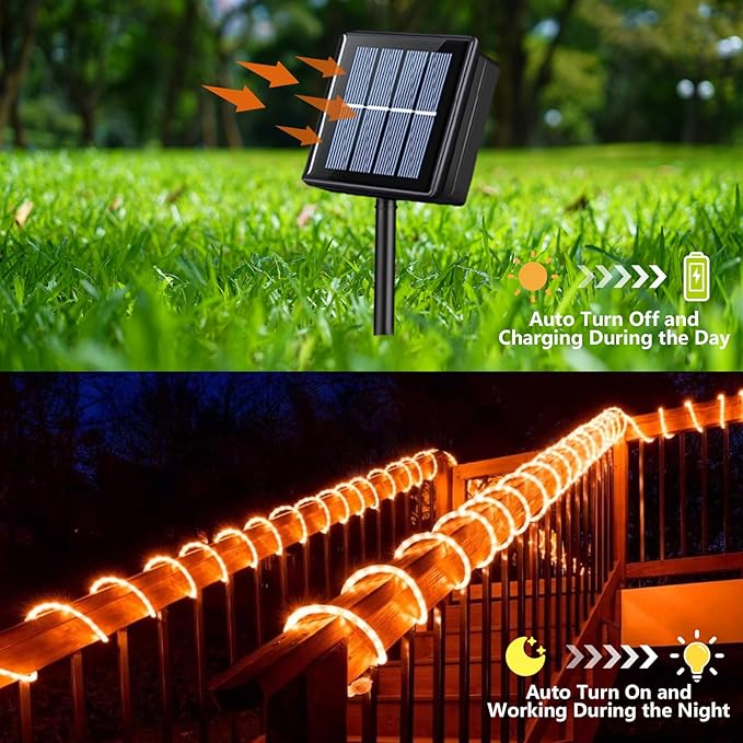 YEGUO Solar Christmas Light Outdoor Waterproof 66ft 200 LED Orange Rope Lights 8 Modes Tube String Lights in Clear Thin Tube