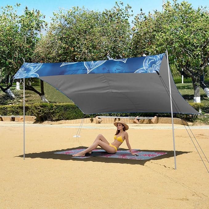 Blue Mandala Pattern Beach Tent Sun Shelter 9.2' x 10.5' Beach Canopy with 4 Sandbags 4 Stability Poles Sand Shovels - Tent Canopy for Beach Camping Fishing Picnics