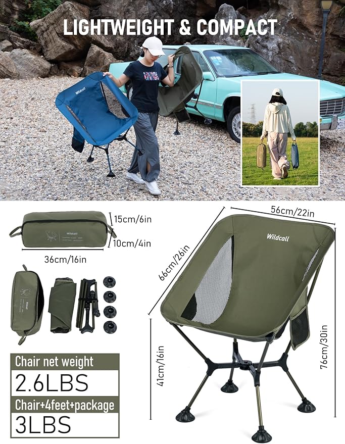 WildCall Ultralight Compact Camping Chair Quick Setup Frame Beach Chair with Anti-Sink Large Feet
