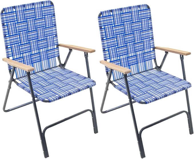 Camp &amp GO Steel Folding Grey Outdoor Patio/Camping Chair with Blue Woven Fabric and Arm Rests (Pack of 2)