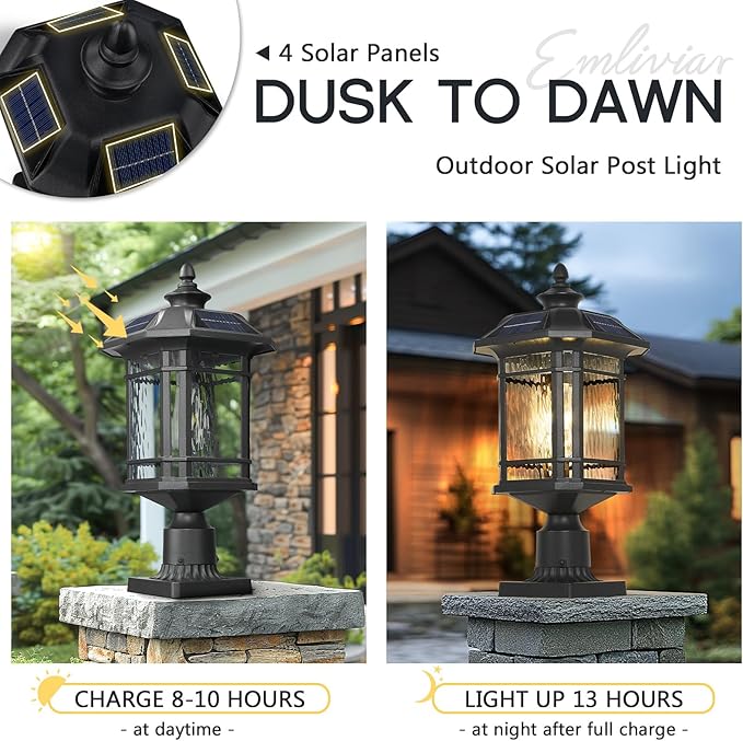 Emliviar 20.5 Solar Post Light Outdoor Large Black Solar Column Light Head with Remote Control LED Exterior Fence Lamp with Water Grain Glass 22021MP-SL BK