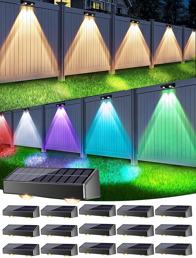 Brizled 16 Pack Fence Solar Lights 11 Modes &amp 9 Colors - Warm White/Cool White/RGB Color Changing IP65 Waterproof Outdoor Wall Lights 100 Lumens Outdoor Solar Deck Lighting for Railing Wall Fenc