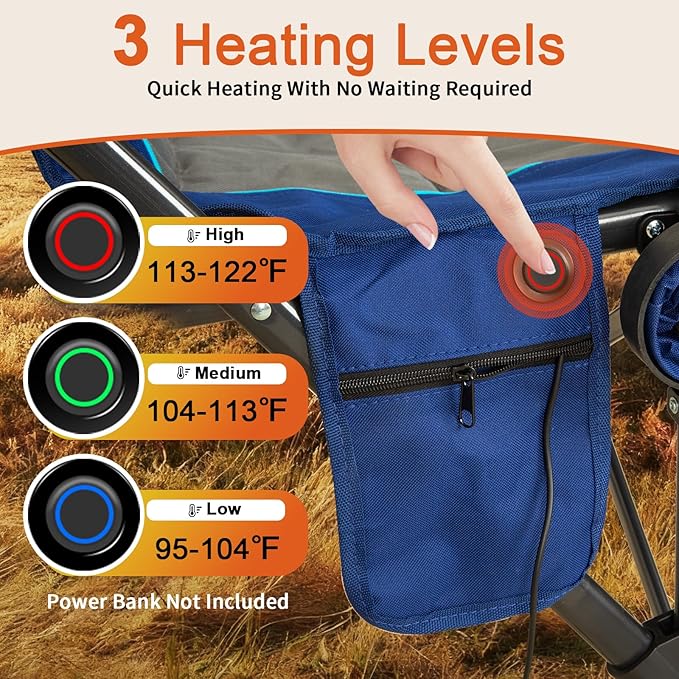 Romswi 2-Pack Heated Camping Chairs 500lbs Heavy Duty Oversized Folding Chair with Dual-Zone Heating &amp Hard Armrests XL Padded Portable Chair for Sports Sideline Tailgate Winter (USB Compatibl