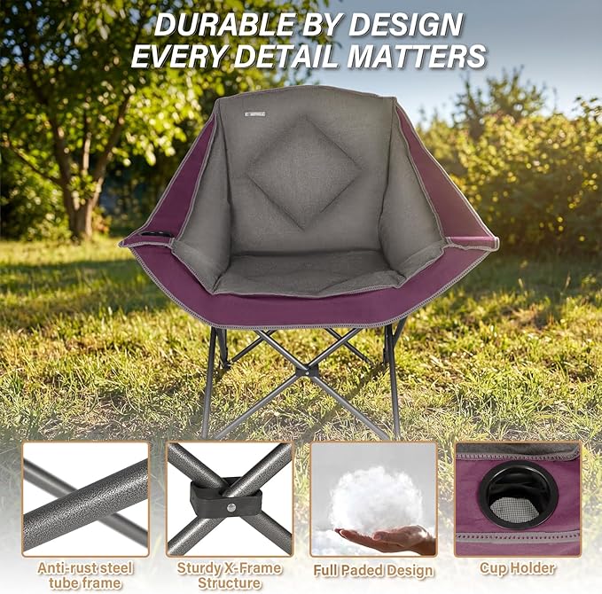 CAMPHILL Folding Camping ChairOversized Portable Camping Chair with Cup HolderHeavy Duty Padded Lawn Chair for Camping Tailgates Beach and Sports